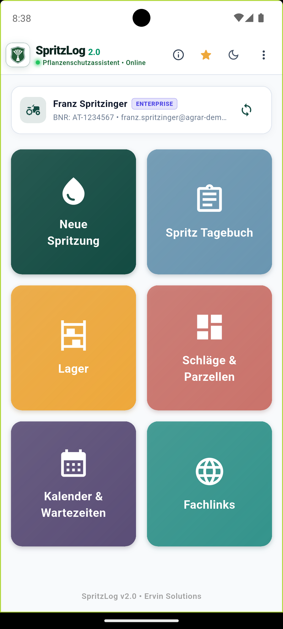 SpritzLog 2.0 – Digitales Spritztagebuch App Dashboard Ansicht Franz Spritzinger